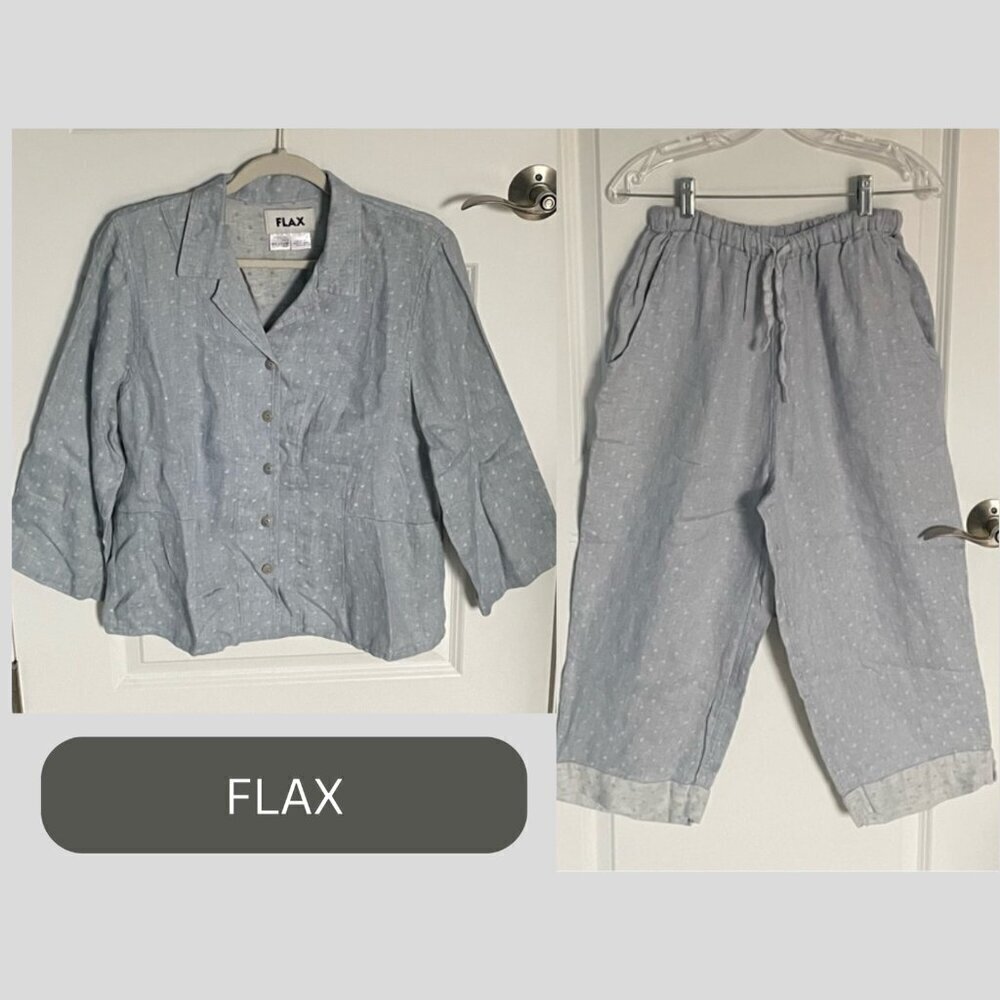 Flax Blue White 100% Linen Polka Dot Top & Pants Set 35197